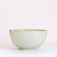 Load image into Gallery viewer, Engraved Bowl Almond Green Gold Ceramic
