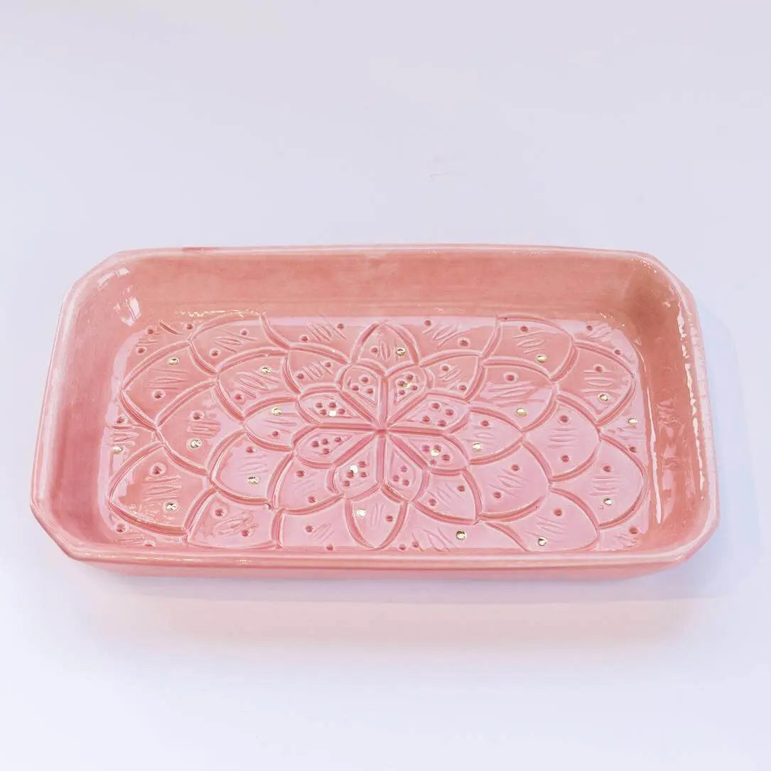 Rectangular Engraved Gold Light Pink Ceramic Platter - Pieces SA