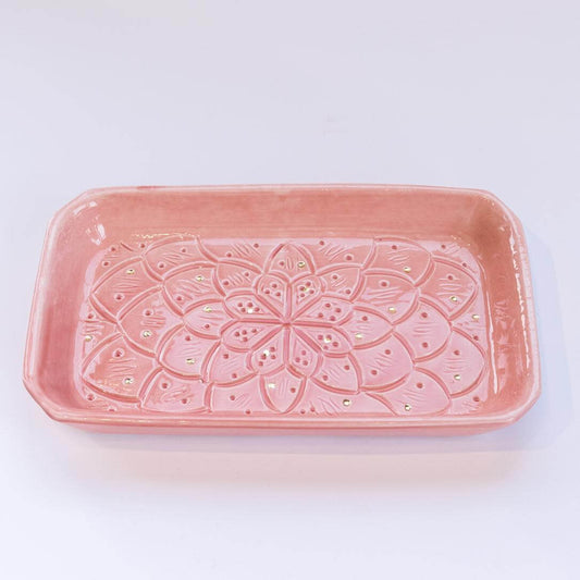 Rectangular Engraved Gold Light Pink Ceramic Platter - Pieces SA