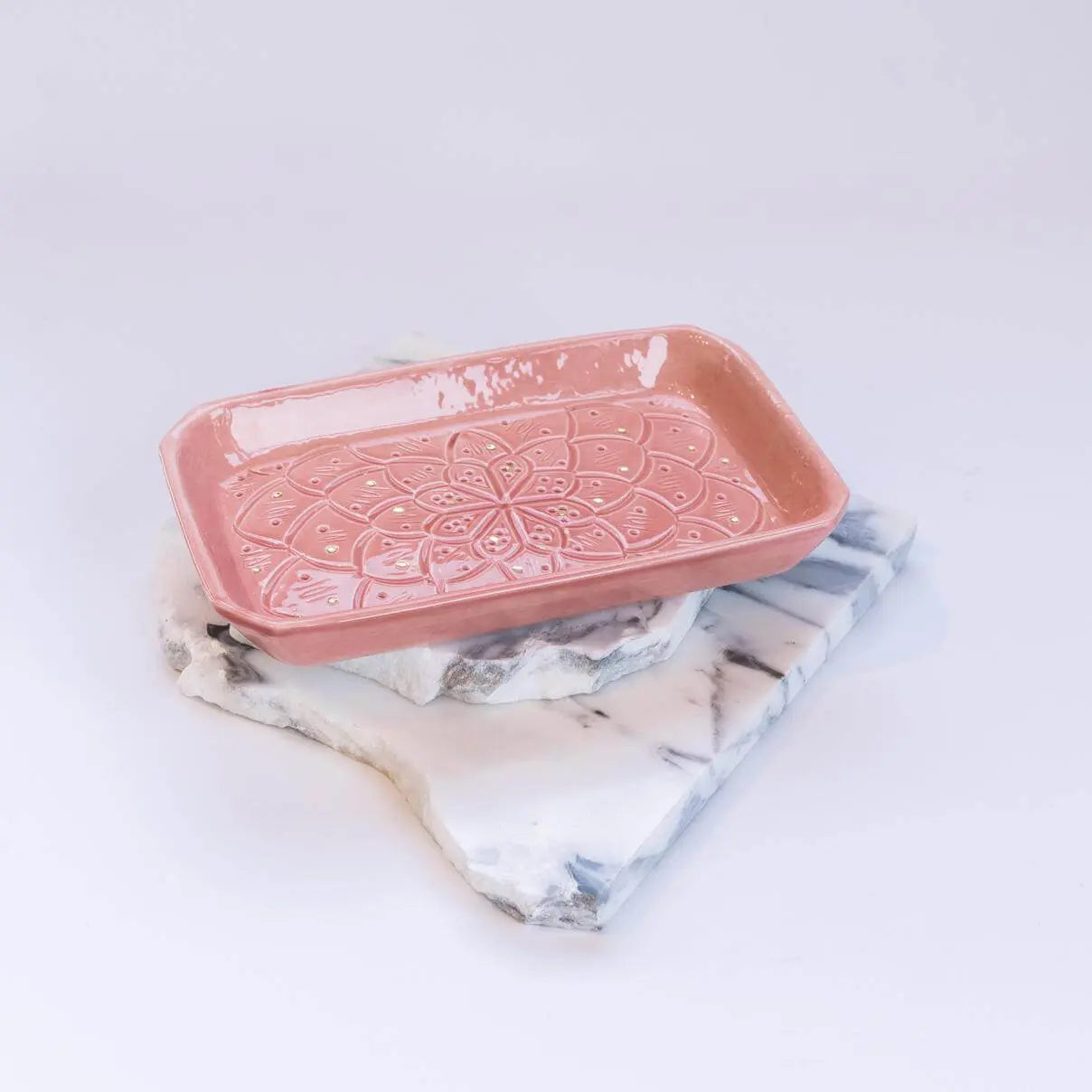 Rectangular Engraved Gold Light Pink Ceramic Platter - Pieces SA