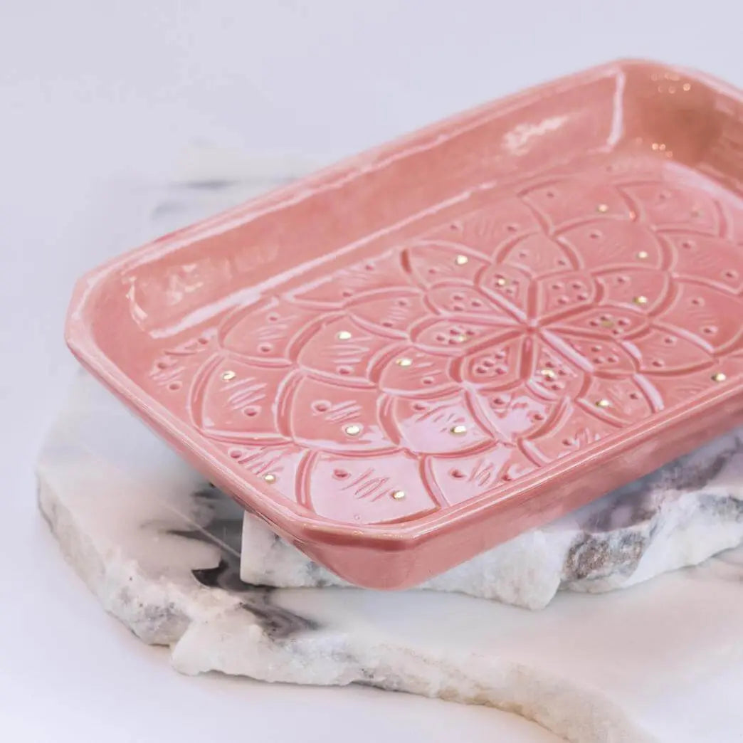 Rectangular Engraved Gold Light Pink Ceramic Platter - Pieces SA