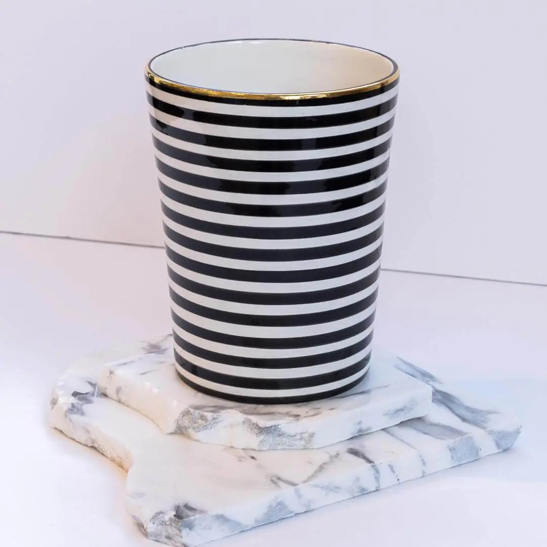 Gold Vase Pot Medium Striped Black Ceramic - Pieces SA