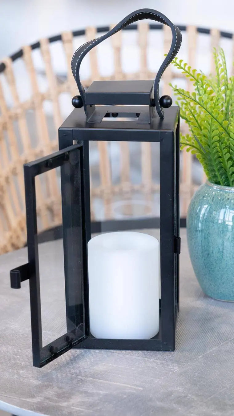 Lantern Black Metal With Leather Strap - Pieces SA