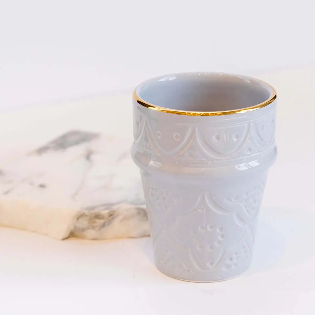 Beldi Cup Engraved Gold Light Grey Ceramic - Pieces SA