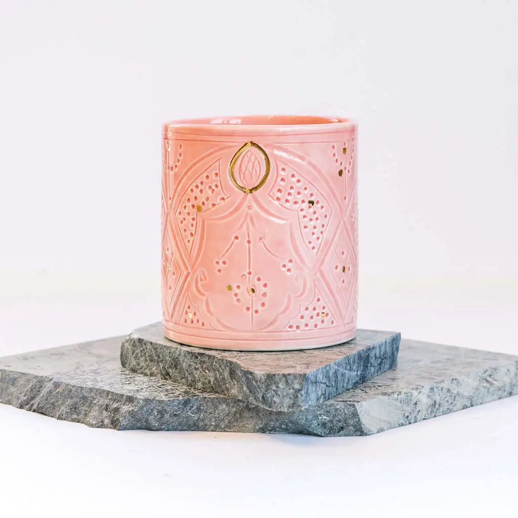 Medium Engraved Straight Vase Pot Gold Light Pink Ceramic - Pieces SA