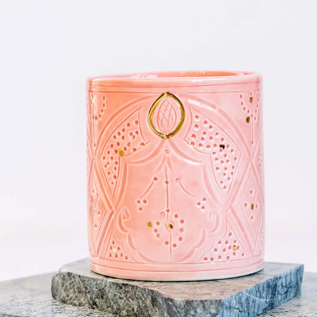 Medium Engraved Straight Vase Pot Gold Light Pink Ceramic - Pieces SA