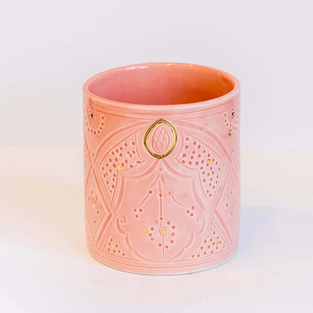 Medium Engraved Straight Vase Pot Gold Light Pink Ceramic - Pieces SA