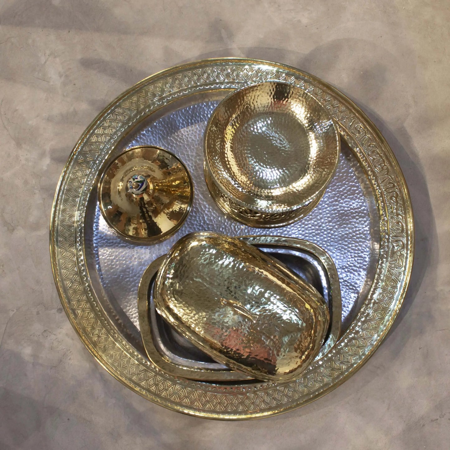 Gold & Silver Arabic Engraved Tray Round - Pieces SA