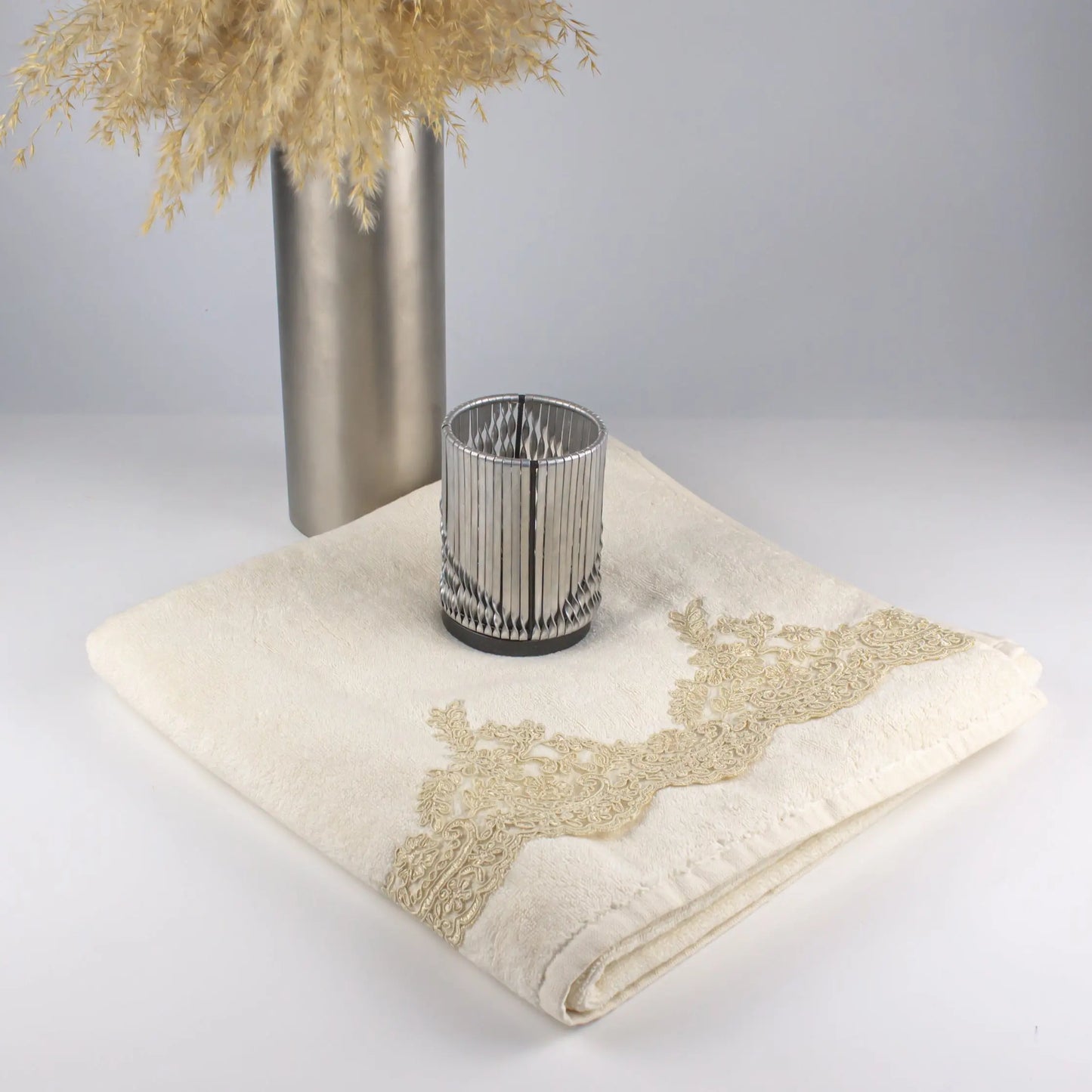 Bath Towel Cream Color Gold Lace - Pieces SA