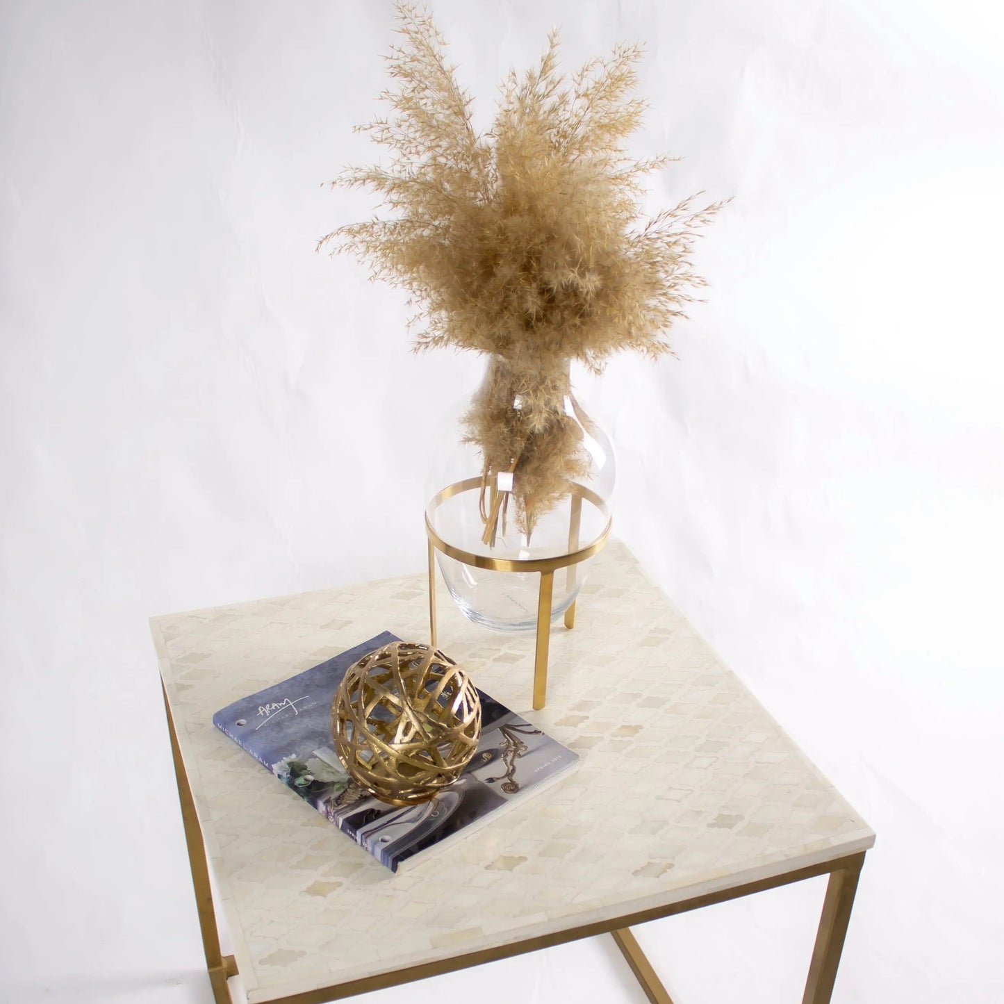 Inlay Moroccan Pattern Side Table Brass Finish Base Indian Furniture