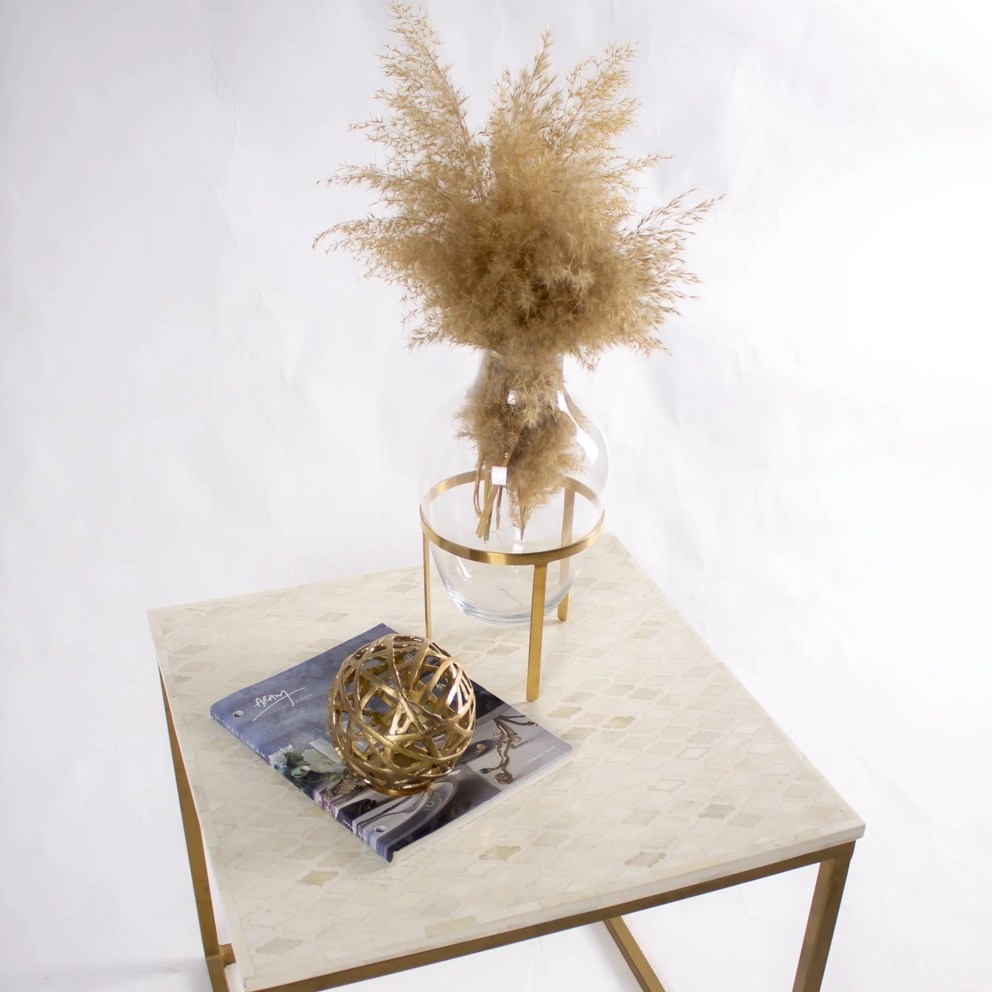 Inlay Moroccan Pattern Side Table Brass Finish Base Indian Furniture