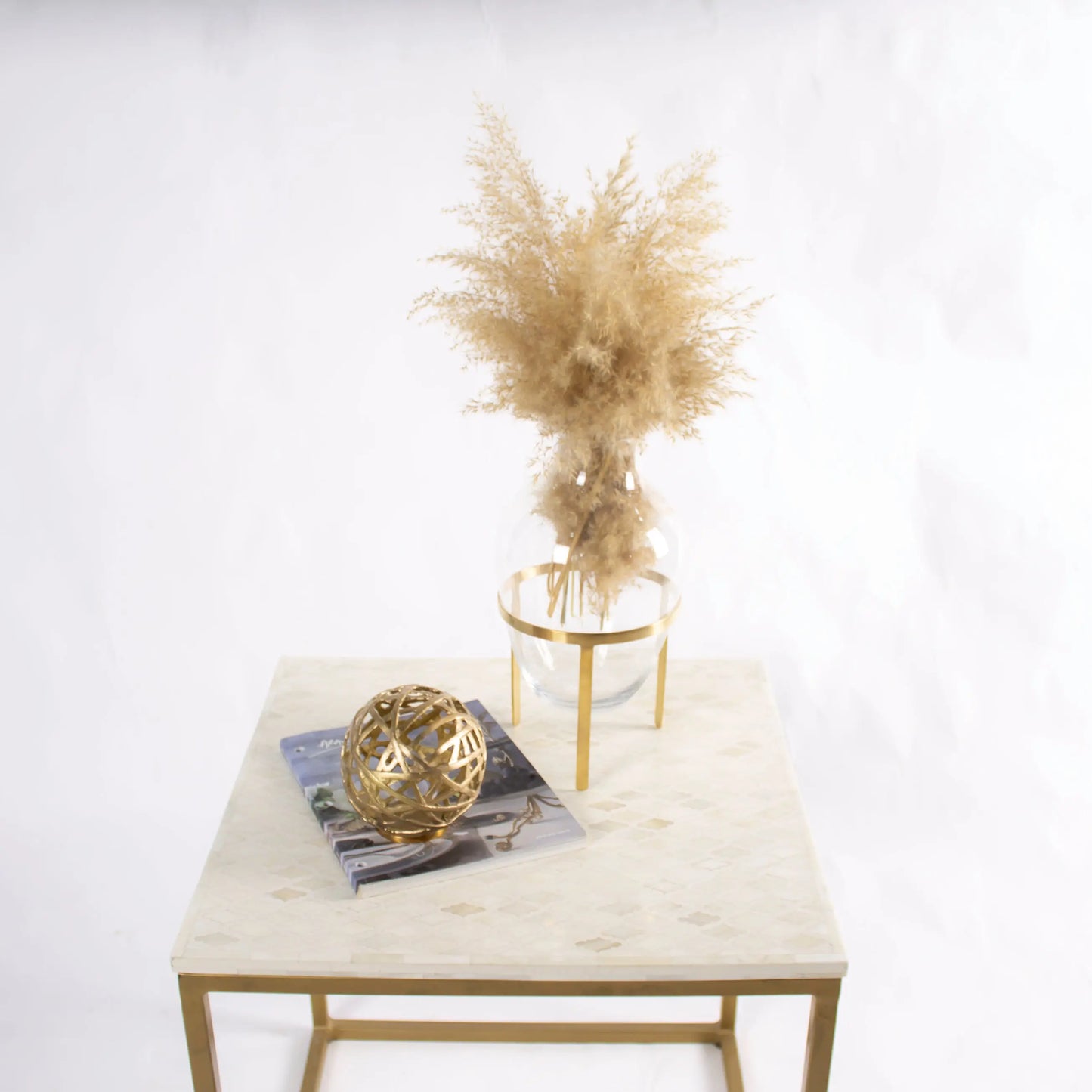 Inlay Moroccan Pattern Side Table Brass Finish Base Indian Furniture