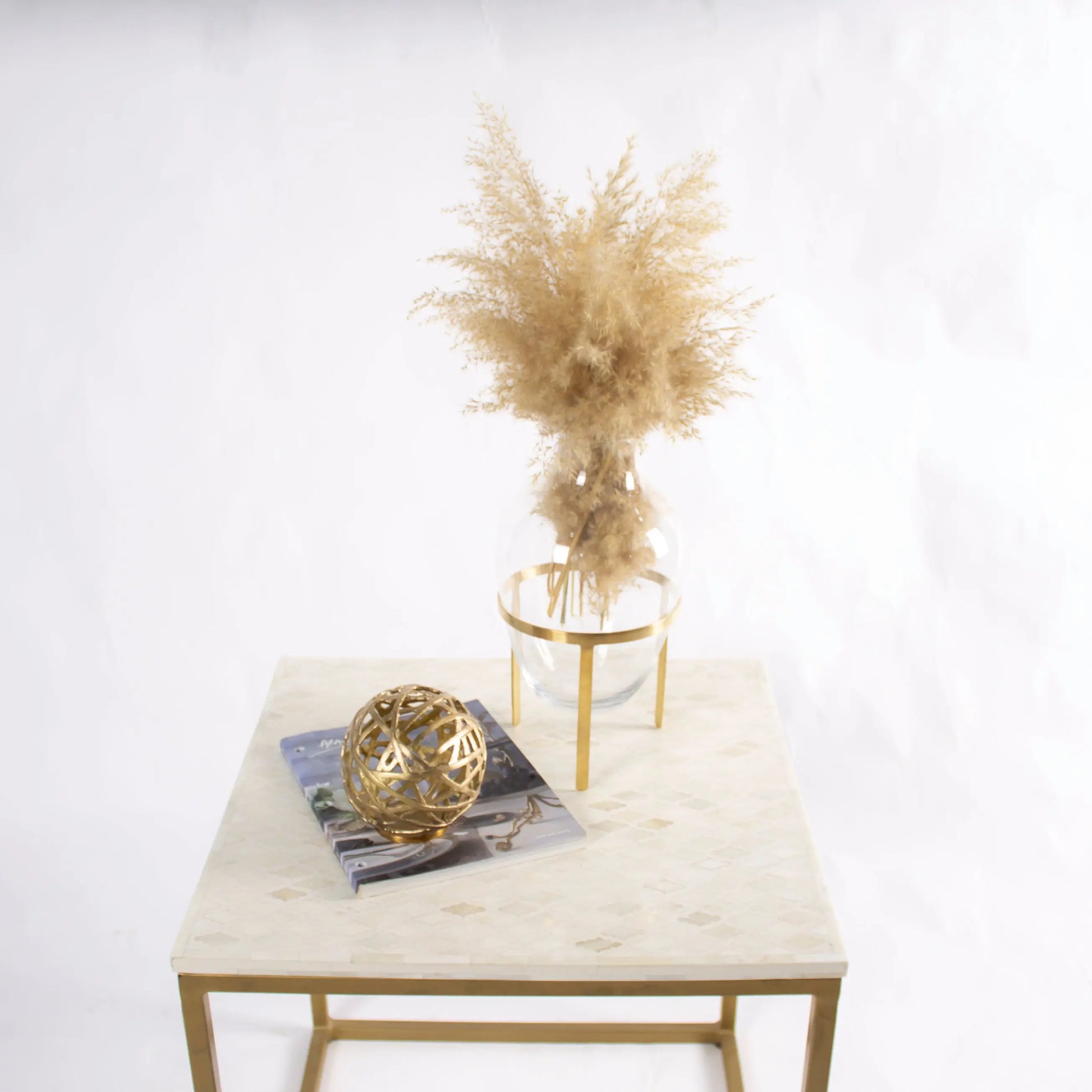 Inlay Moroccan Pattern Side Table Brass Finish Base Indian Furniture