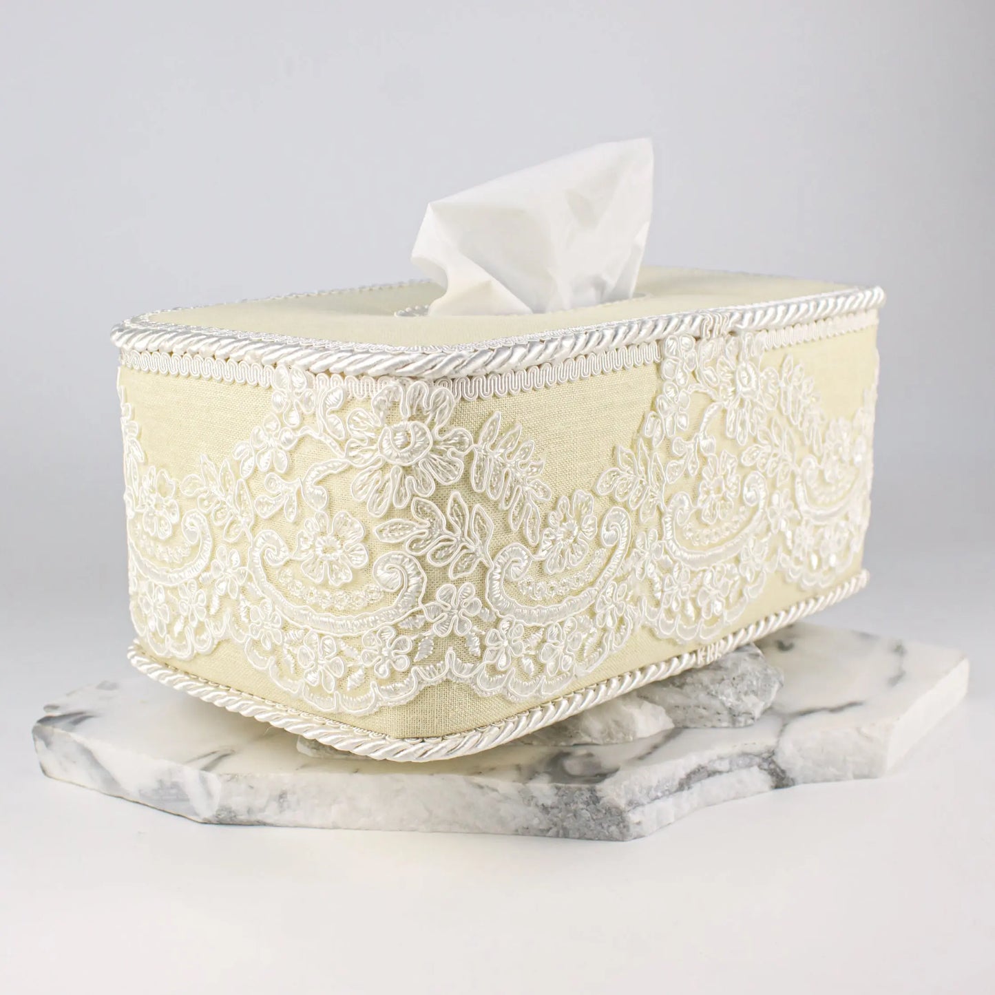 Tissue Box Long Yellow with Cream Lace - Pieces SA