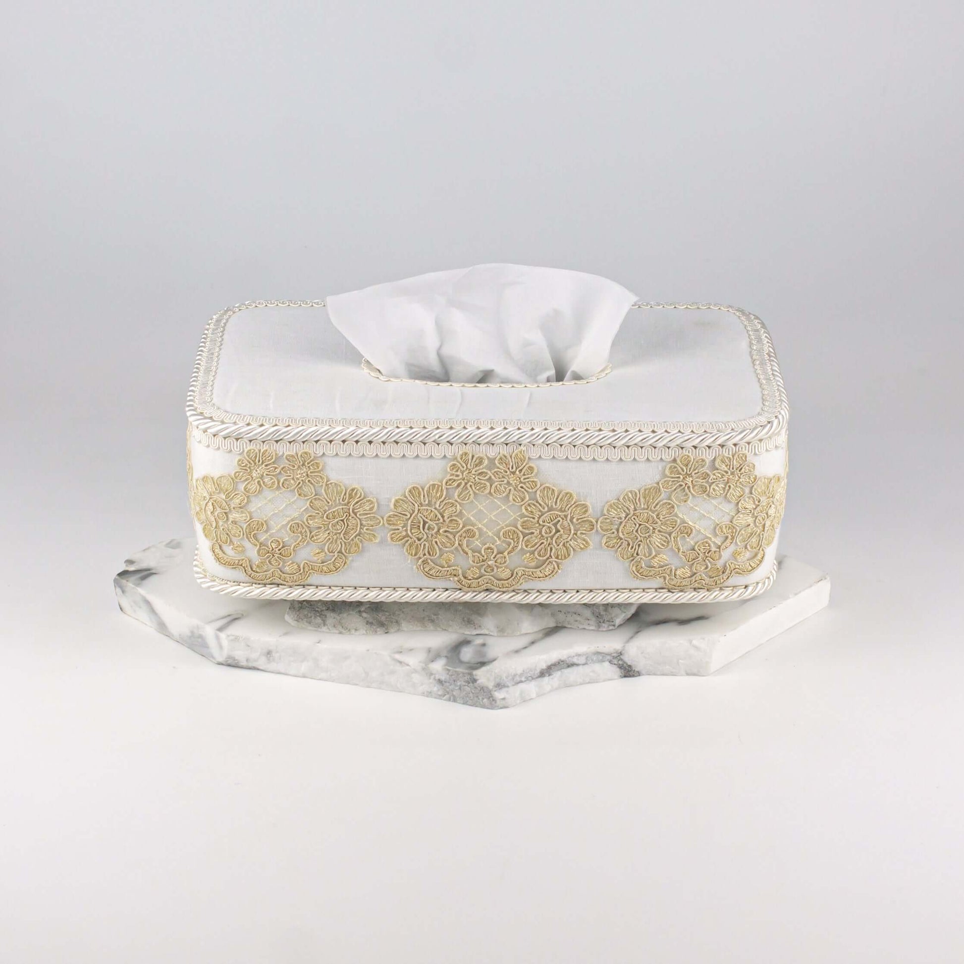 Tissue Box Long White with Light Brown Lace - Pieces SA