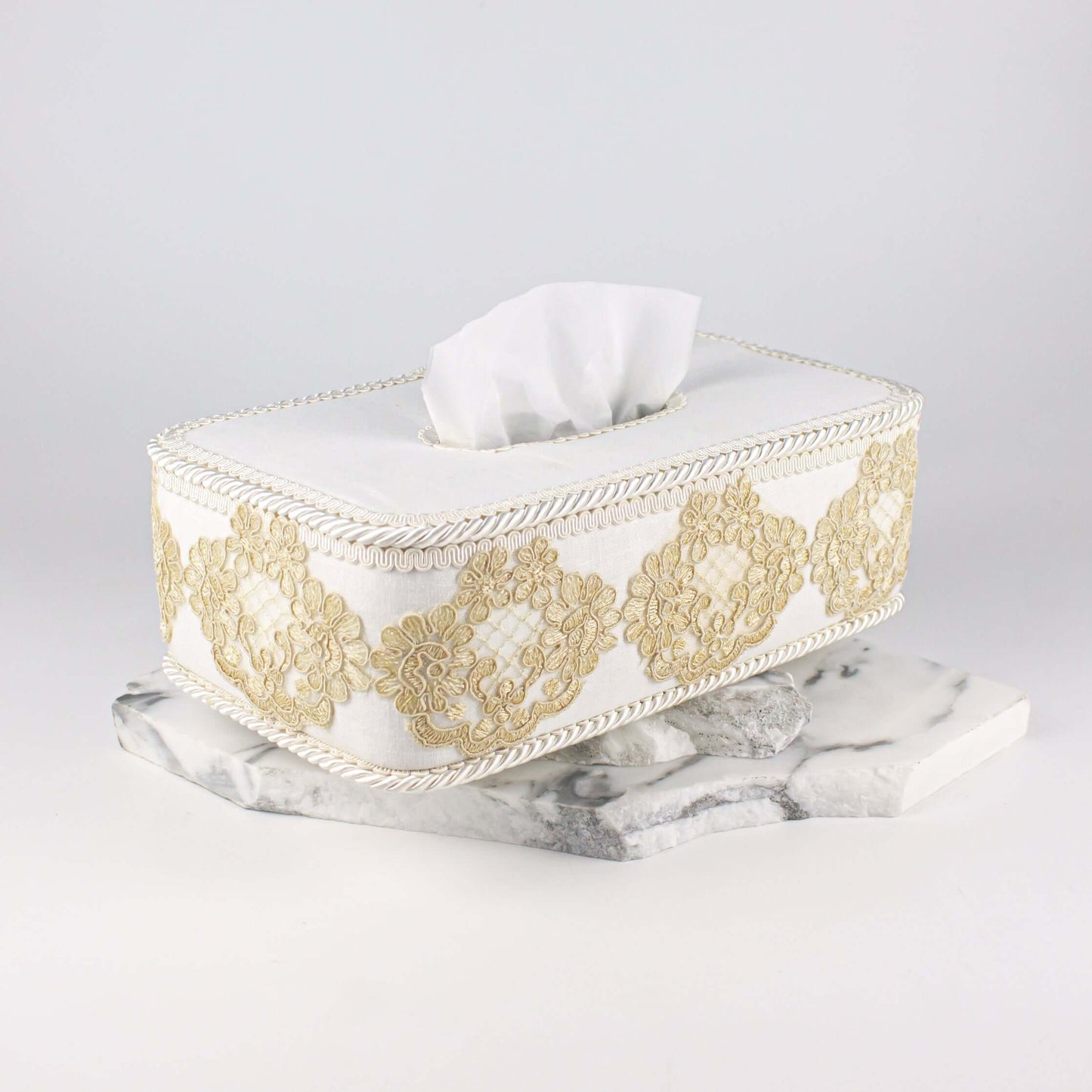 Tissue Box Long White with Light Brown Lace - Pieces SA