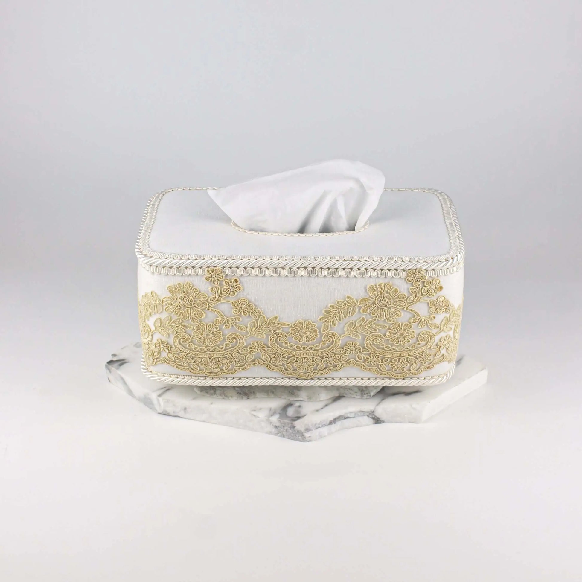 Tissue Box Long White with Gold Lace - Pieces SA