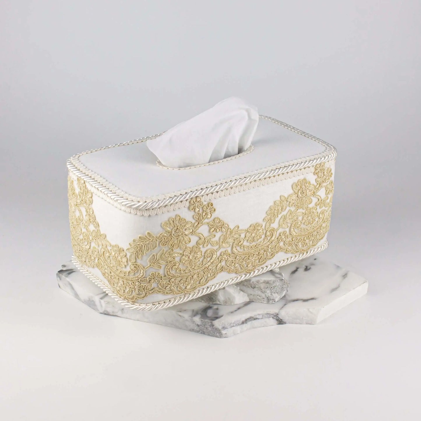 Tissue Box Long White with Gold Lace - Pieces SA