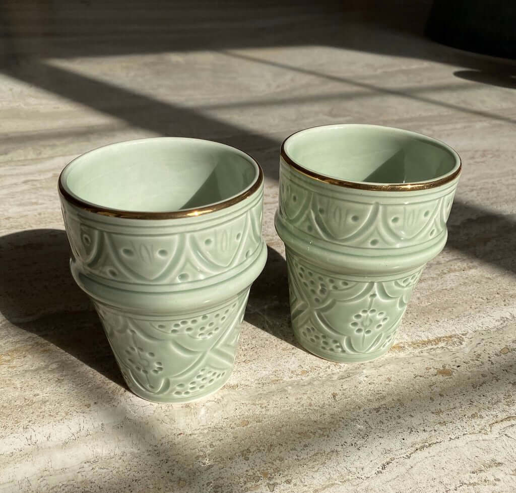 Beldi Cup Engraved Gold Green Almond Ceramic - Pieces SA