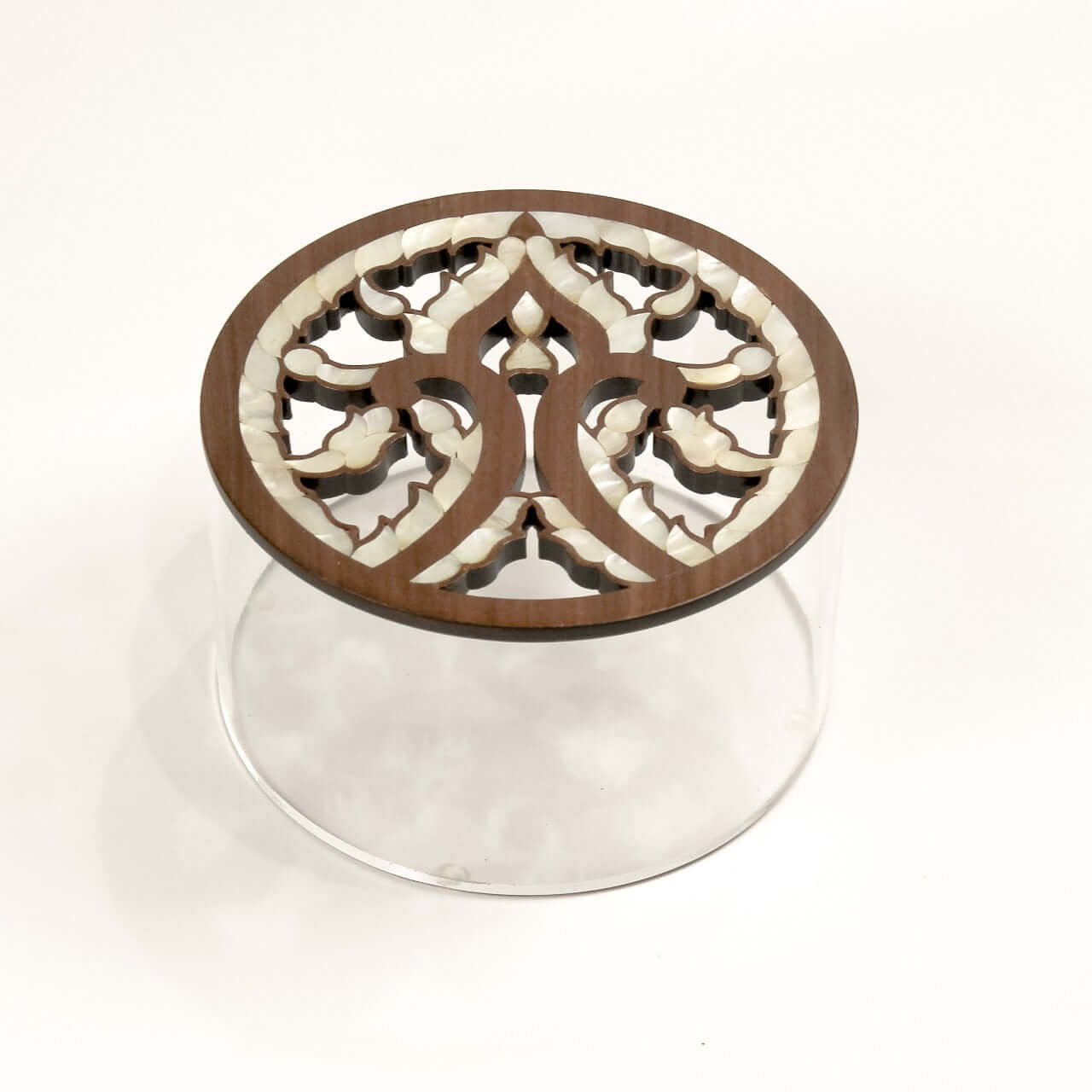 Plexi Box Round with Sadaf Engraved Wooden Lid Large - Pieces SA